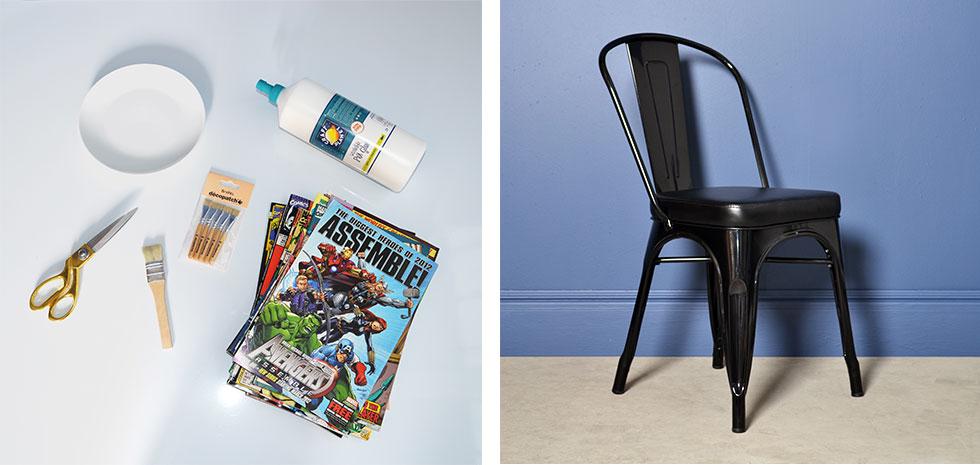 Scissors, comic books, PVA glue, and an old chair is needed to create a DIY Marvel chair